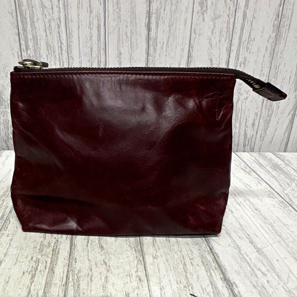 Jil Sander Maroon Leather Zipper Makeup Bag Pouch 8 in x 5 in